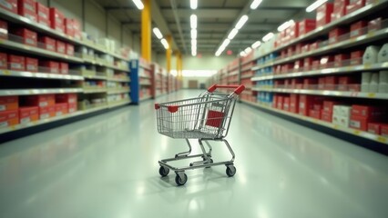 A lone shopping cart sits patiently in a vast, brightly lit supermarket aisle, awaiting the arrival of shoppers