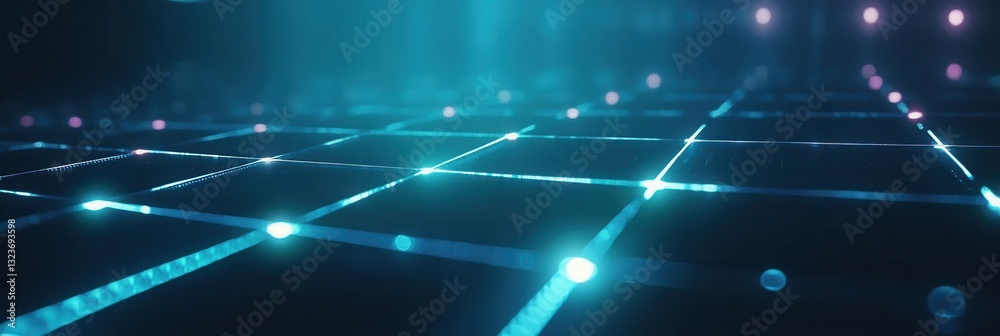 Poster Futuristic digital grid showcasing holographic effects in blue and silver with a glowing node at the golden ratio point