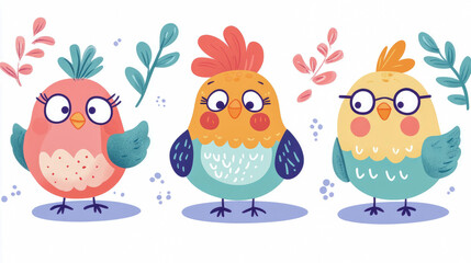 Obraz premium Whimsical Bird Trio - Print for kids room, invitation card featuring cute birds, plants and a cheerful, colorful, bright aesthetic, for spring celebration