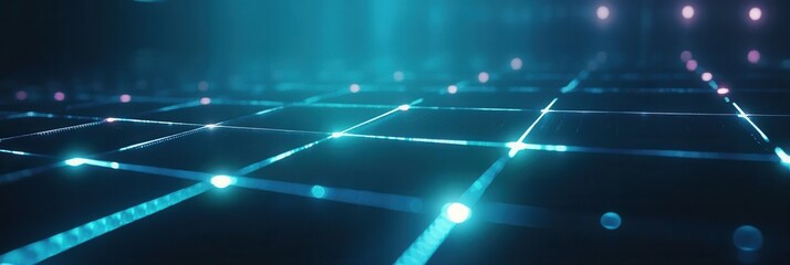 Futuristic digital grid showcasing holographic effects in blue and silver with a glowing node at the golden ratio point