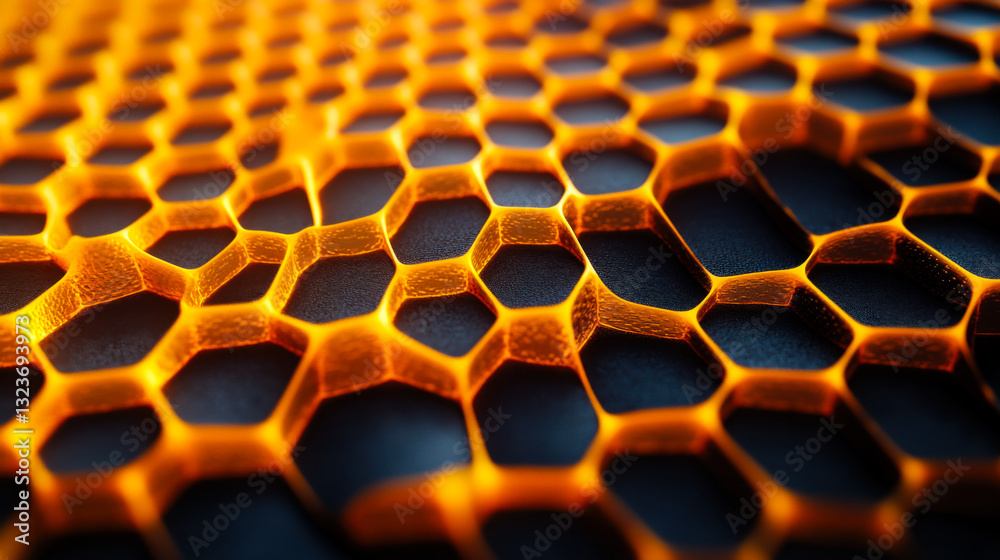 Poster close view of a honeycomb pattern displaying vibrant orange on a dark background emphasizing geometr