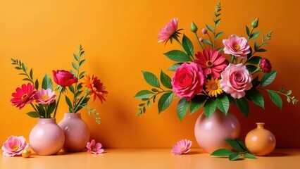 Obraz premium Vibrant floral arrangements in pastel pink vases against a bright orange backdrop, showcasing a delightful composition of colorful blooms and lush greenery