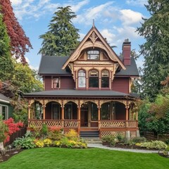 Fototapeta premium Elegant Victorian-style house with intricate wooden details. Historic architecture, heritage home, classic design, antique charm, old-fashioned elegance. Generative AI.