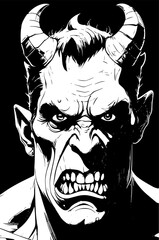 SVG vector features Frankenstein a Gothic horror monster. Intense Male Character with Horns and Fierce Expression