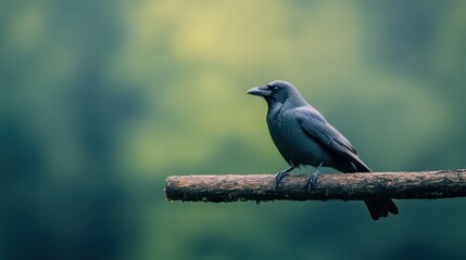 A gray bird is sitting on a branch, surrounded by a vibrant green forest. The soft morning light enhances the serene atmosphere as nature awakens