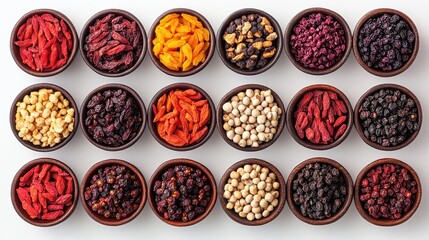 A vibrant array of dried goji berries, each with a unique texture and color, stood out against a plain white background, their natural beauty and potential health benefits taking center stage.