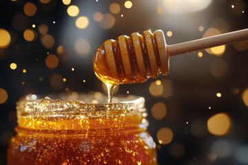 A drop of honey falling from the tip of a wooden honey dipper