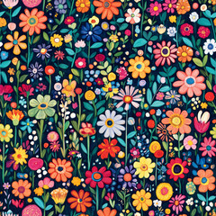 Seamless pattern of a captivating colorful folk art drawing of wildflowers growing in a big flower garden, lots of very colorful flowers retro hand drawn design nature floral spring summer background