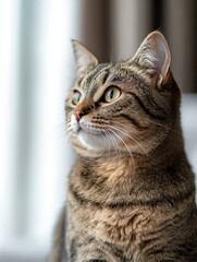 Obraz premium A tabby cat with striking green eyes sits quietly, observing the world outside through a sunlit window. The calm atmosphere enhances its curious demeanor, making for a peaceful moment