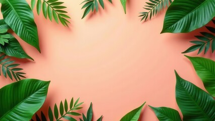 Vibrant Green Tropical Foliage Arranged in a Frame on a Peach Background, Ideal for Summer Designs and Projects