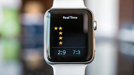 Customer experience interaction data concept. Smartwatch displaying time and ratings with a sleek design.