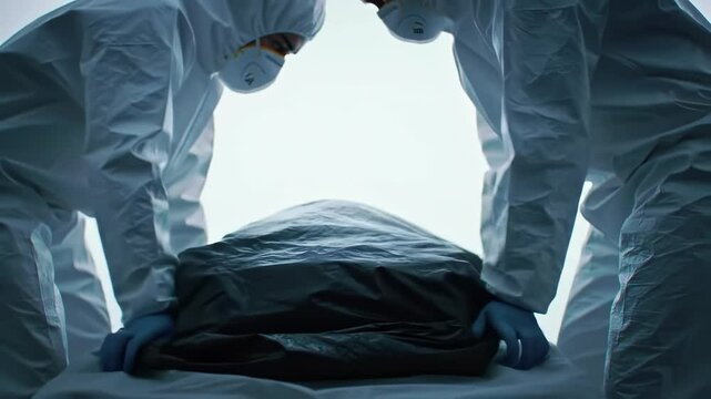 Medical workers in protective equipment handling body bag, somber scene from pandemic response or disaster aftermath, healthcare professionals during crisis, depicting mortality and medical protocol
