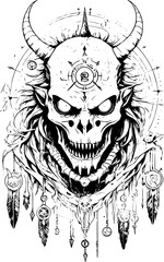 Fototapeta premium SVG vector features Frankenstein a Gothic horror monster. Intricate Black and White Skull Art with Horns and Symbols