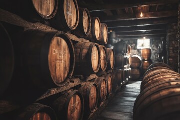 Stacked wine barrels in dimly lit cellar. AI image