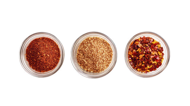 Crushed red cayenne pepper, dried chili flakes, and ground paprika, top view --ar 16:9