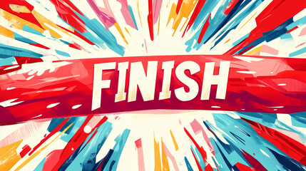 Bright and colorful abstract finish line banner with bold typography, symbolizing victory and achievement.