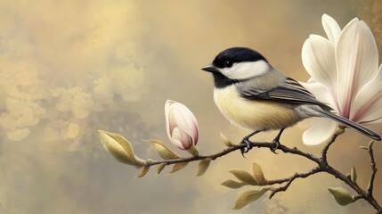 Obraz premium Gray And Black Bird On Magnolia Branch With Blossoms Soft Light And