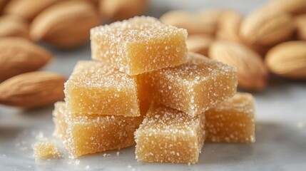 A golden cascade of natural almond and honey, a symphony of sweetness and nutty flavor, promising a delightful treat that satisfies both the taste buds and the health-conscious palate, perfect for