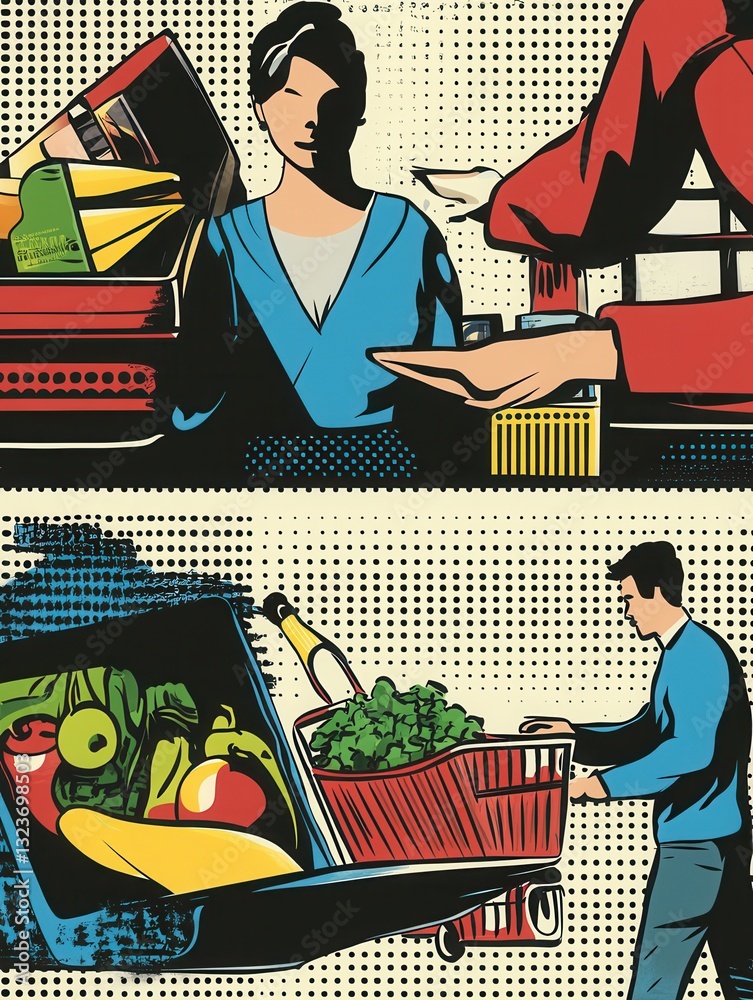 Poster dynamic grocery shopping experience with virtual cart selection and delivery in a comic book style i