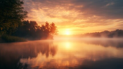 Fototapeta premium Misty Sunrise Over Calm Lake With Tree Reflections