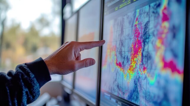 Meteorologist pointing at weather map on computer screen displaying atmospheric conditions