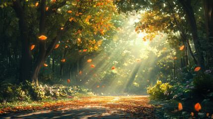 Golden sunlight filters through trees illuminating a forest path covered in autumn leaves in a serene natural landscape