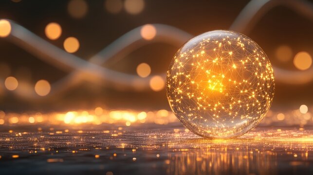 A floating liquid sphere with intricate molecular structures, glowing against a softly illuminated DNA backdrop 