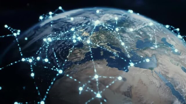 Global network connections over Earth view from space, digital communication lines linking continents, technology and worldwide connectivity concept