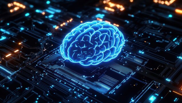 Neon glowing blue hologram brain on a futuristic circuit board representing artificial intelligence technology machine learning and digital data processing concepts