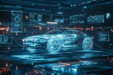 Futuristic electric car design in neon-lit virtual reality lab. AI image