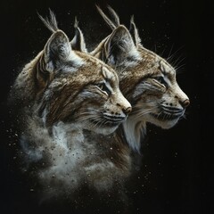 Obraz premium Ethereal lynx with a ghostly double face, emerging from smoke. Spiritual symbolism, mystical nature, fantasy aura, dreamlike vision, cosmic energy. Generative AI.