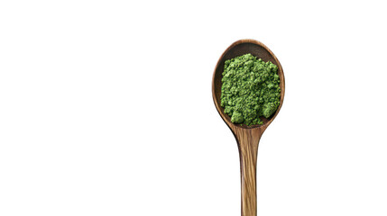 Dried broccoli powder in a wooden spoon, top view --ar 16:9
