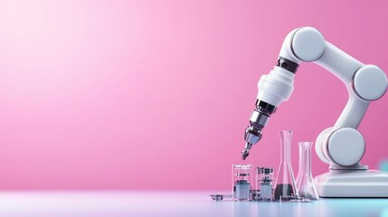Robotic arm precisely dispensing liquid into lab glassware against a pink background.