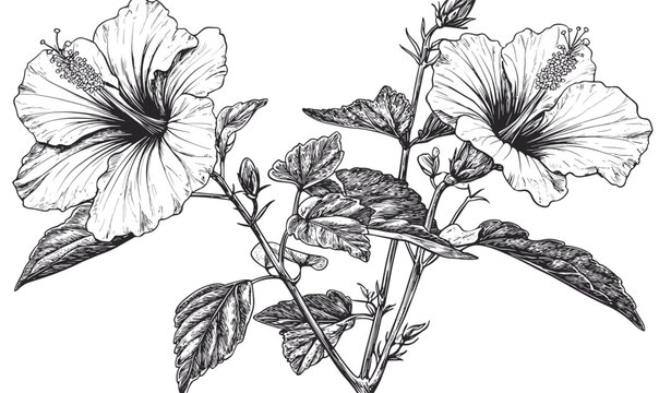 Detailed hibiscus flowers and leaves vector, linear style, icons set.