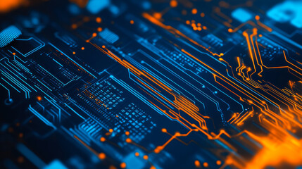 Vivid abstract digital background showcasing glowing lines and circuits in deep blue and orange tones within a technological environment