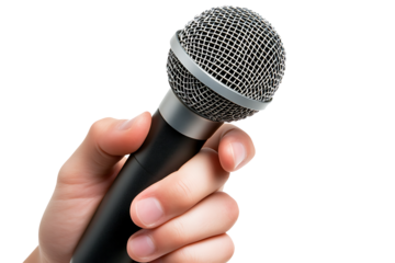 Close up of a hand holding a microphone isolated on white background PNG .AI GENERATED