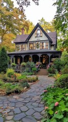 Charming Victorian house surrounded by lush gardens
