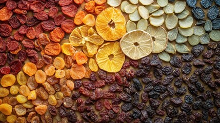 A vibrant tapestry of dried fruits, each a miniature jewel, arranged in an artful mosaic on a gleaming countertop in a sun-drenched kitchen, inviting culinary delights and moments of pure enjoyment.