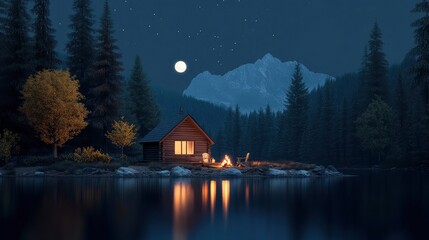 Fototapeta premium Secluded cabin by a lake at night, illuminated by a campfire and moonlight, surrounded by a tranquil forest and mountains.