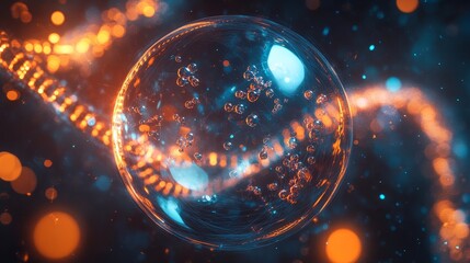 A glossy bubble with intricate molecular structures inside, placed on an illuminated DNA strand background 