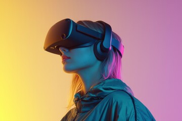 Minimalist portrait of an afro american woman wearing a high-tech VR headset. Girl getting experience VR headset is using augmented reality eyeglasses