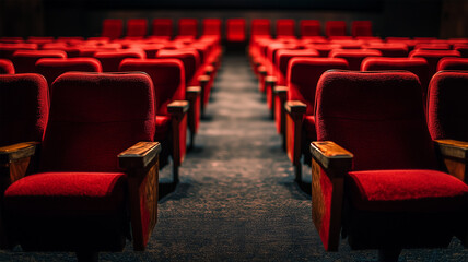 Obraz premium 昭和レトロな映画館の赤い座席と静寂の空間