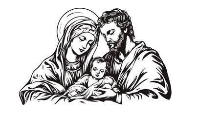 Obraz premium Holy family with baby jesus in nativity scene, religious art, linear icons set, vector.
