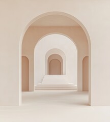 Minimalist archway corridor, pastel peach color, architectural design, empty space for product display