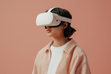 Minimalist portrait of an afro american woman wearing a high-tech VR headset. Girl getting experience VR headset is using augmented reality eyeglasses