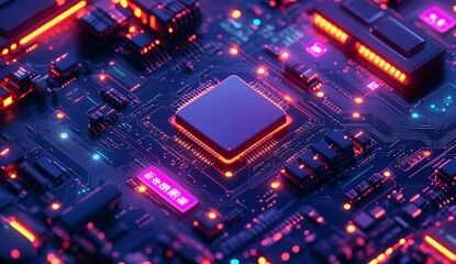 Obraz premium Glowing CPU on dark motherboard. Tech innovation concept for AI/Machine Learning