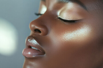 Applying highlighter to cheekbones close-up