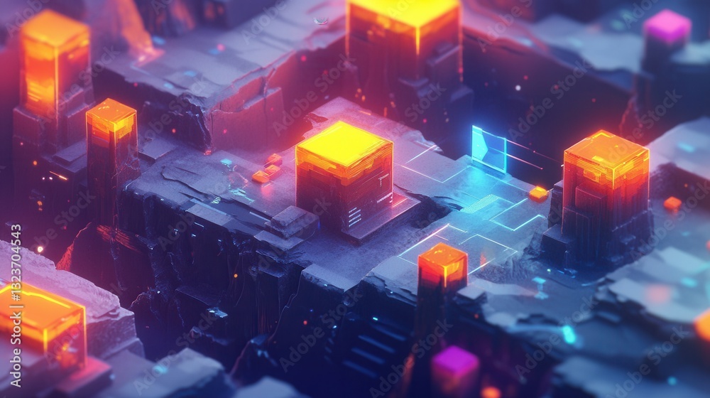 Poster Isometric gaming-inspired background featuring colorful lighting and stylized terrain with 3D UI elements in a dynamic setting