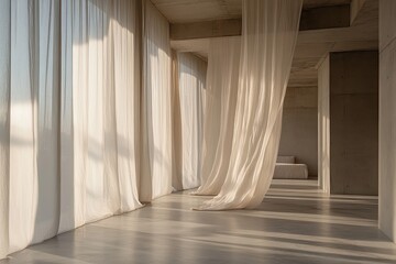 Minimalist concrete interior with flowing drapes, sunlight streaming through windows. Use Architectural photography, interior design