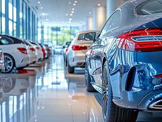 Obraz premium Showroom with a row of new cars.